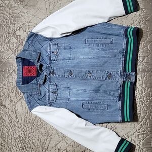 Men's PRPGNDA Denim Varsity Jacket with White Leather Sleeves
